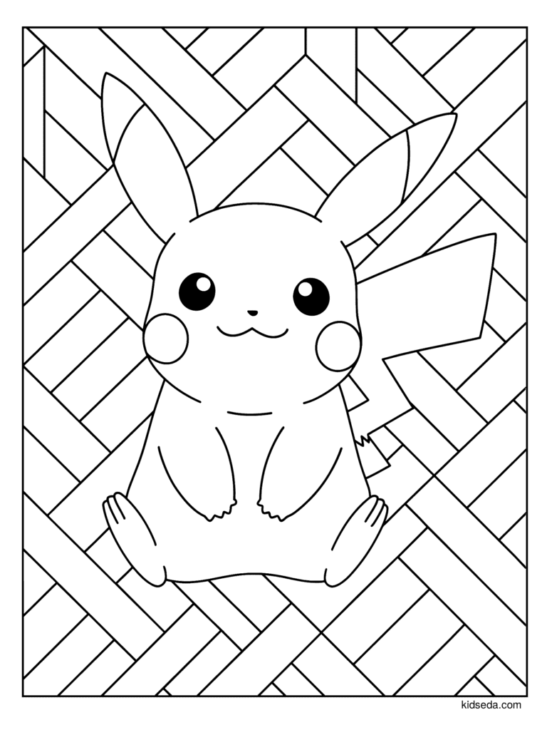 Pikachu Easy Geometric coloring page for kids: Pikachu sitting in front of an easy geometric background
