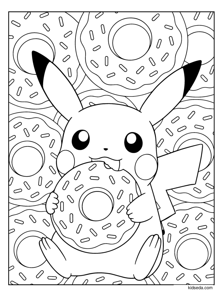 Pikachu Eating Donuts coloring page for kids: Pikachu eating a donut with more donuts all around