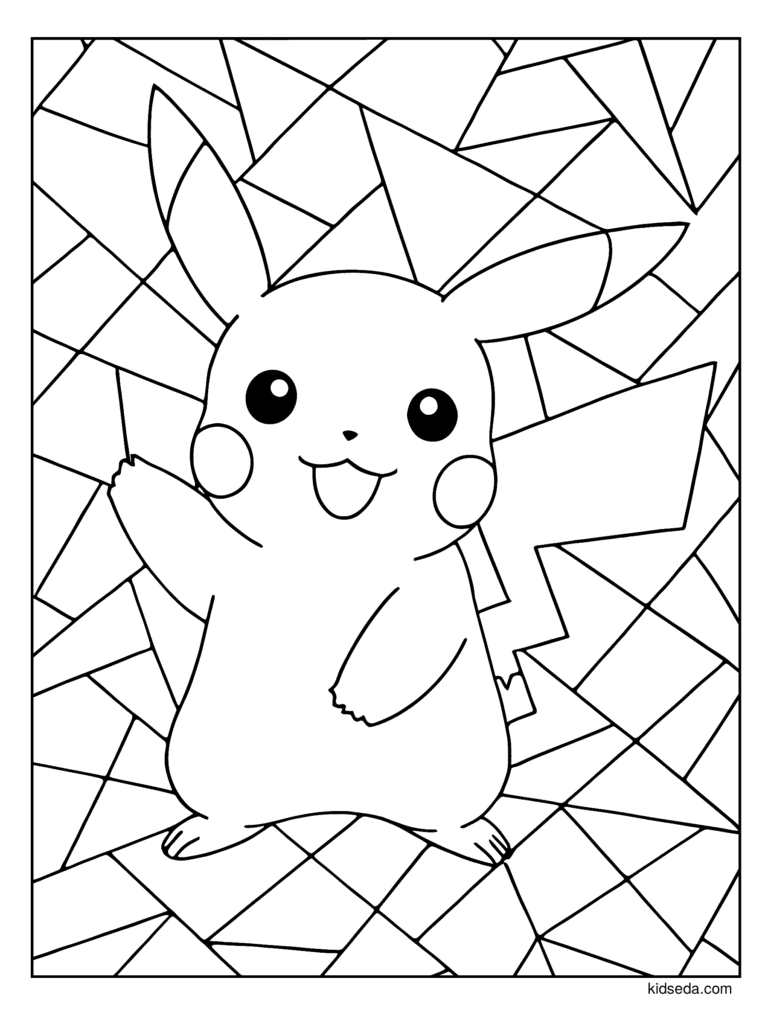 Pikachu Geometric Triangles coloring page for kids: Pikachu waving in front of a pattern of triangles
