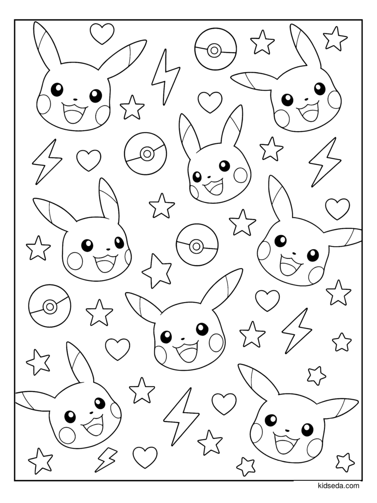 Pikachu Heads Pattern coloring page for kids: a pattern of Pikachu heads with stars and Poké Balls