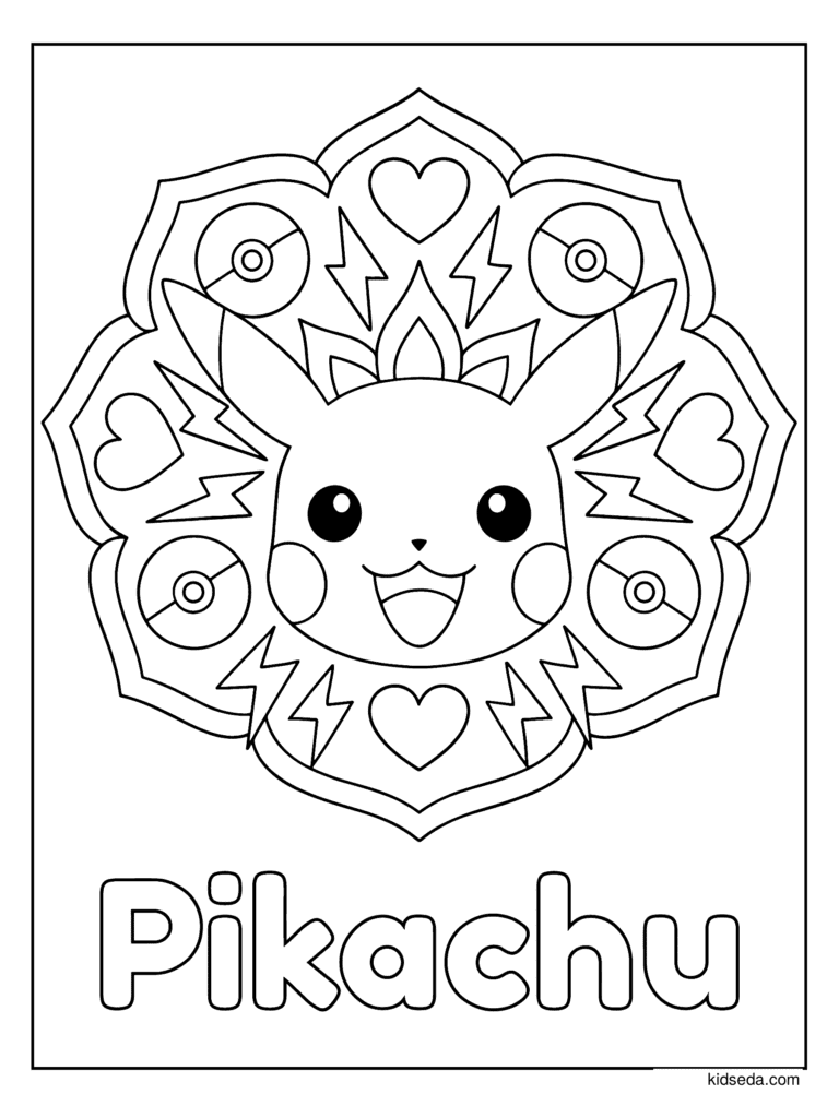 Pikachu Heart Mandala coloring page for kids: Pikachu in a mandala of hearts and Poké Balls with its name below