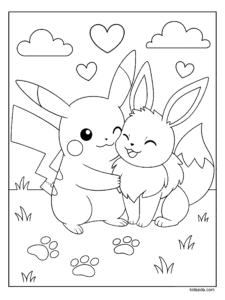 Pikachu Hugging Eevee Coloring Page