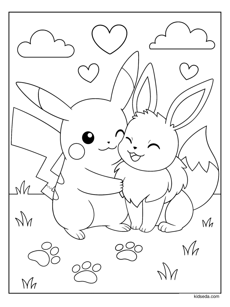 Pikachu Hugging Eevee coloring page for kids: Pikachu hugging Eevee with hearts and paw prints