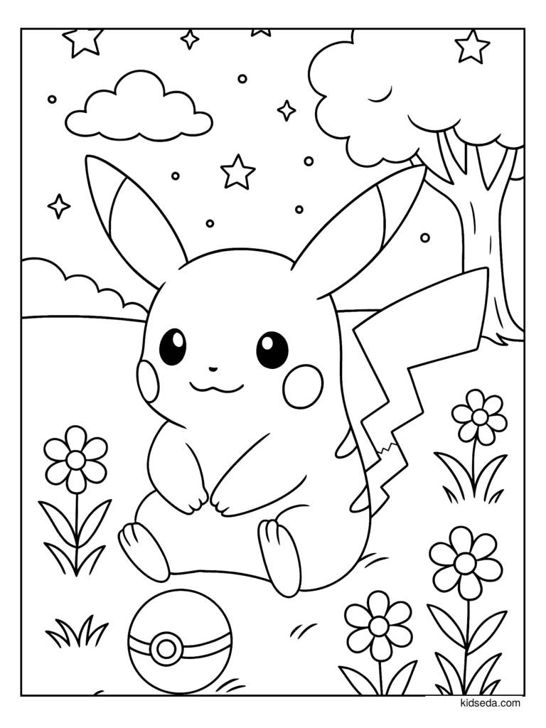 Pikachu in a Flower Meadow coloring page for kids: Pikachu sitting in a meadow with flowers and a Poké Ball
