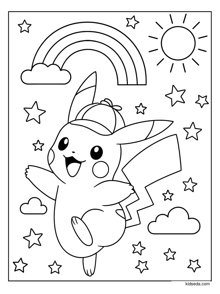 Pikachu Jumping Under a Rainbow coloring page for kids: Pikachu in a detective hat jumping under a rainbow and the sun