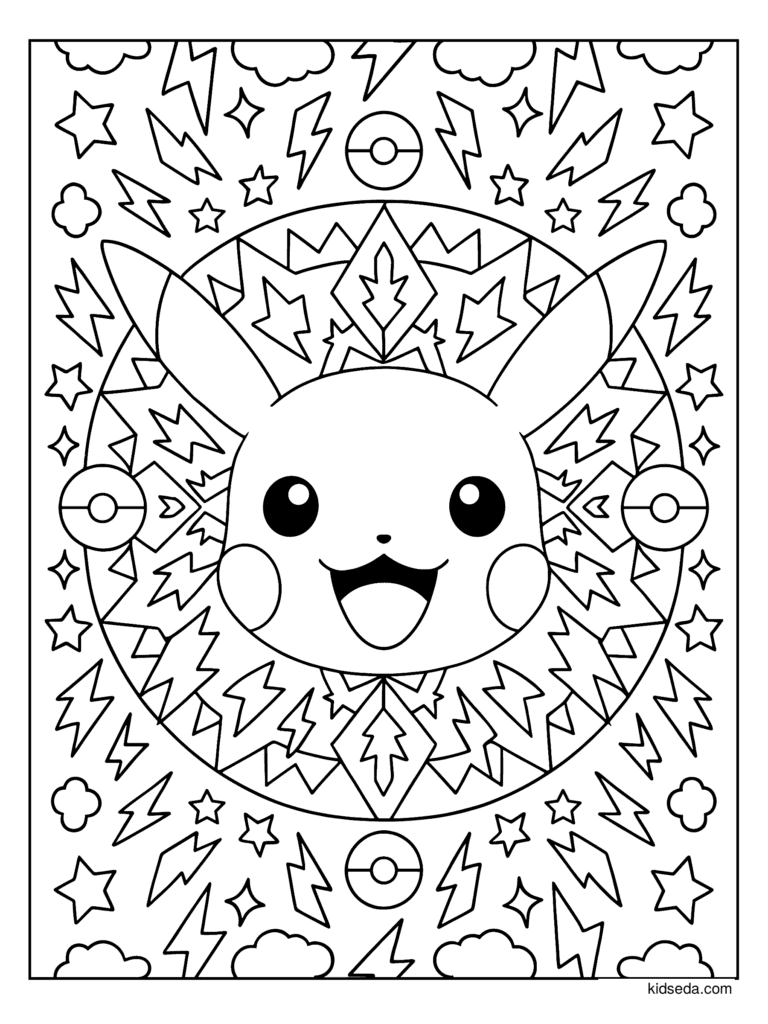 Pikachu Lightning Mandala coloring page for kids: Pikachu's face in a mandala of lightning bolts