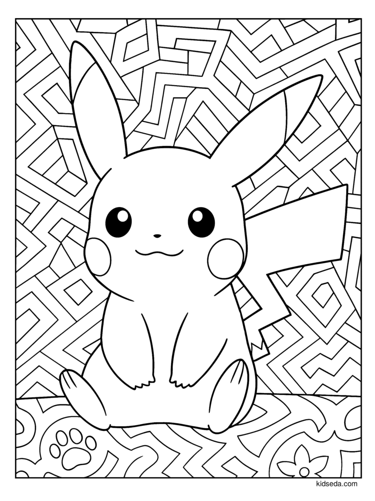Pikachu Maze Pattern coloring page for kids: Pikachu with a geometric maze-like background