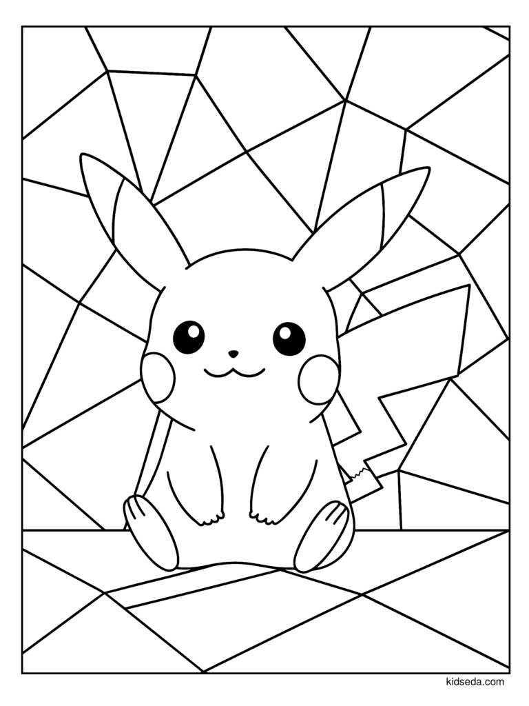Pikachu Stained Glass coloring page for kids: Pikachu sitting in front of big simple stained glass shapes