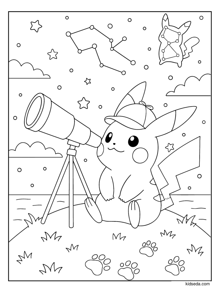 Pikachu Stargazing coloring page for kids: Pikachu in a hat looking at the constellations through a telescope