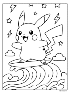 Pikachu Surfing a Wave Coloring Page