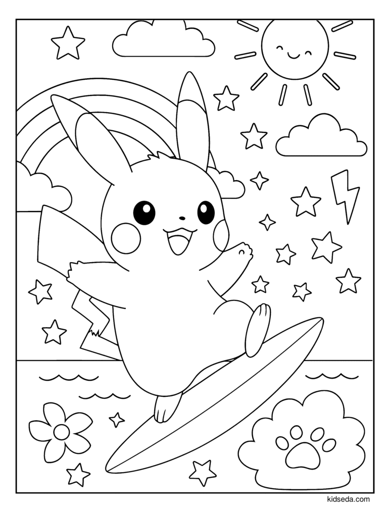 Pikachu Surfing Under a Rainbow coloring page for kids: Pikachu surfing on a sunny day with a rainbow and stars