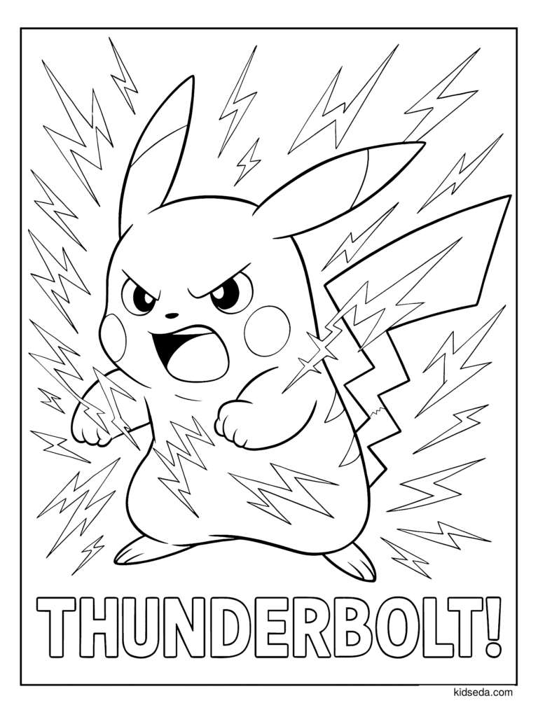 Pikachu Thunderbolt coloring page for kids: Pikachu using its Thunderbolt attack