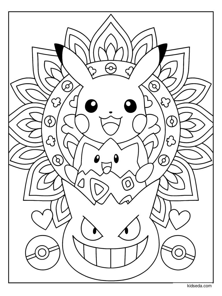 Pikachu, Togepi and Gengar Mandala coloring page for kids: Pikachu, Togepi and Gengar stacked in a mandala design