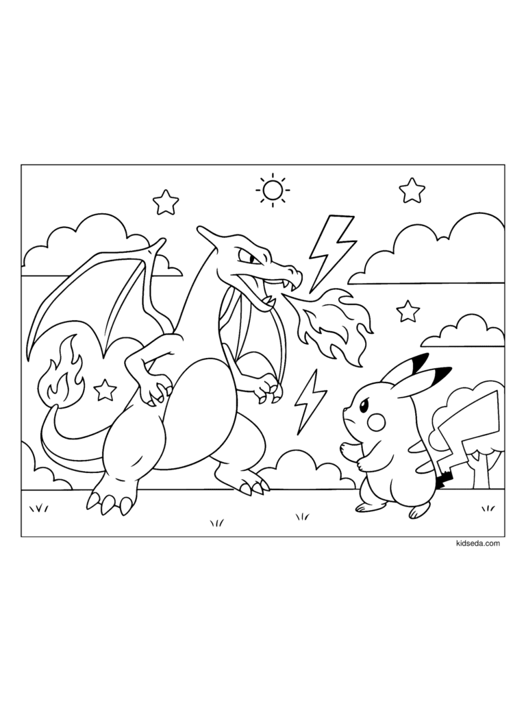 Pikachu vs Charizard coloring page for kids: Pikachu and Charizard facing off with lightning and flames