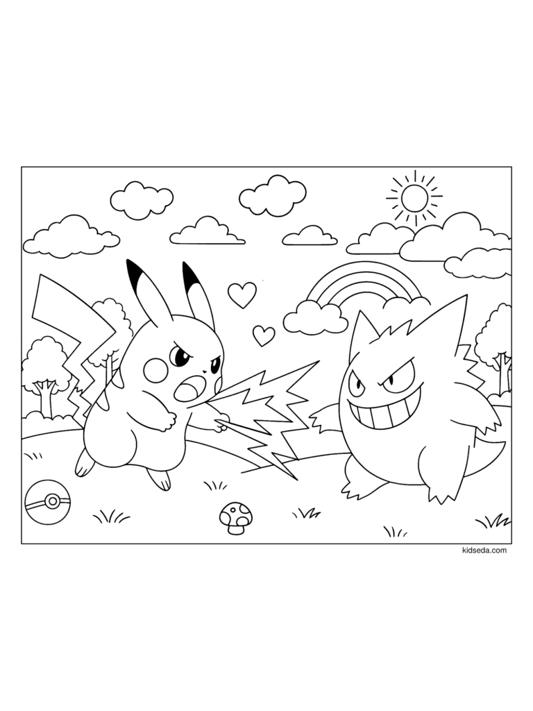 Pikachu vs Gengar coloring page for kids: Pikachu using an electric attack against Gengar in a grassy field