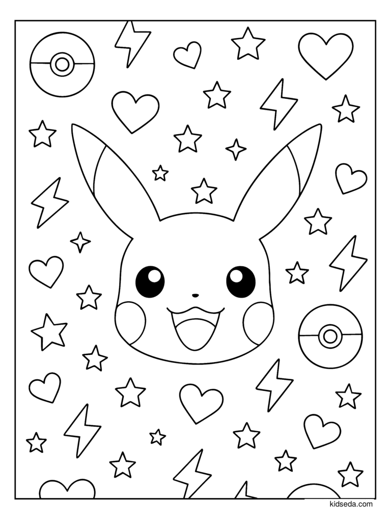 Pikachu with Hearts and Stars coloring page for kids: Pikachu with stars, hearts, Poké Balls and lightning bolts