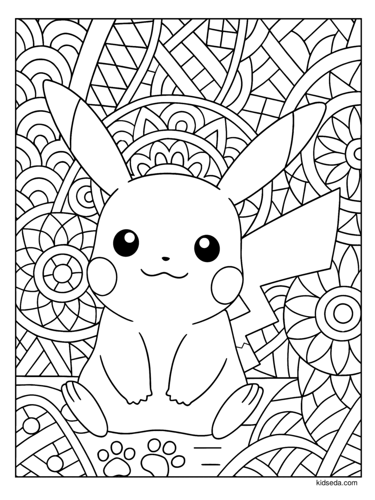 Pikachu Zentangle Background coloring page for kids: Pikachu sitting in front of a detailed patterned background