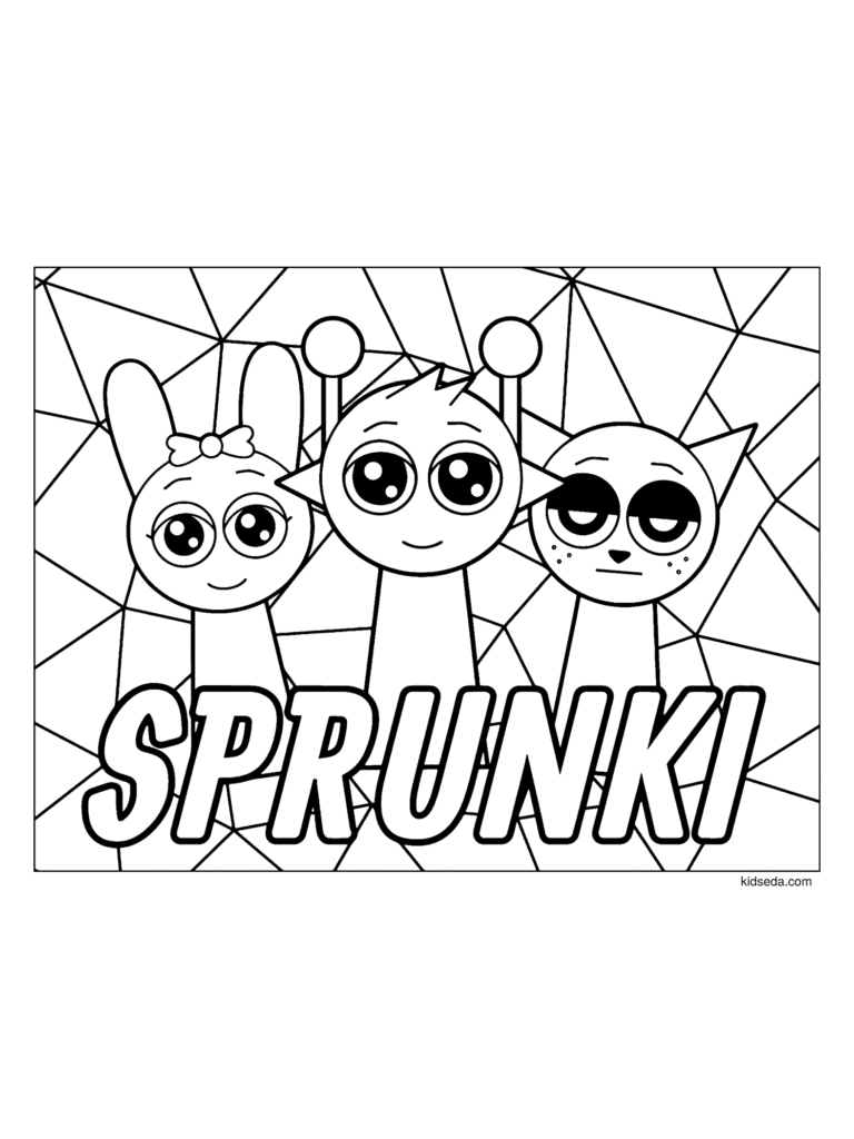 Pinki, Simon and Gray coloring page for kids: Pinki the bunny, Simon the alien and Gray posing together
