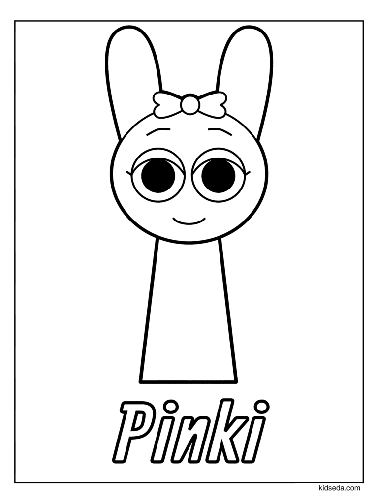 Pinki the Sprunki coloring page for kids: Pinki with bunny ears and a bow