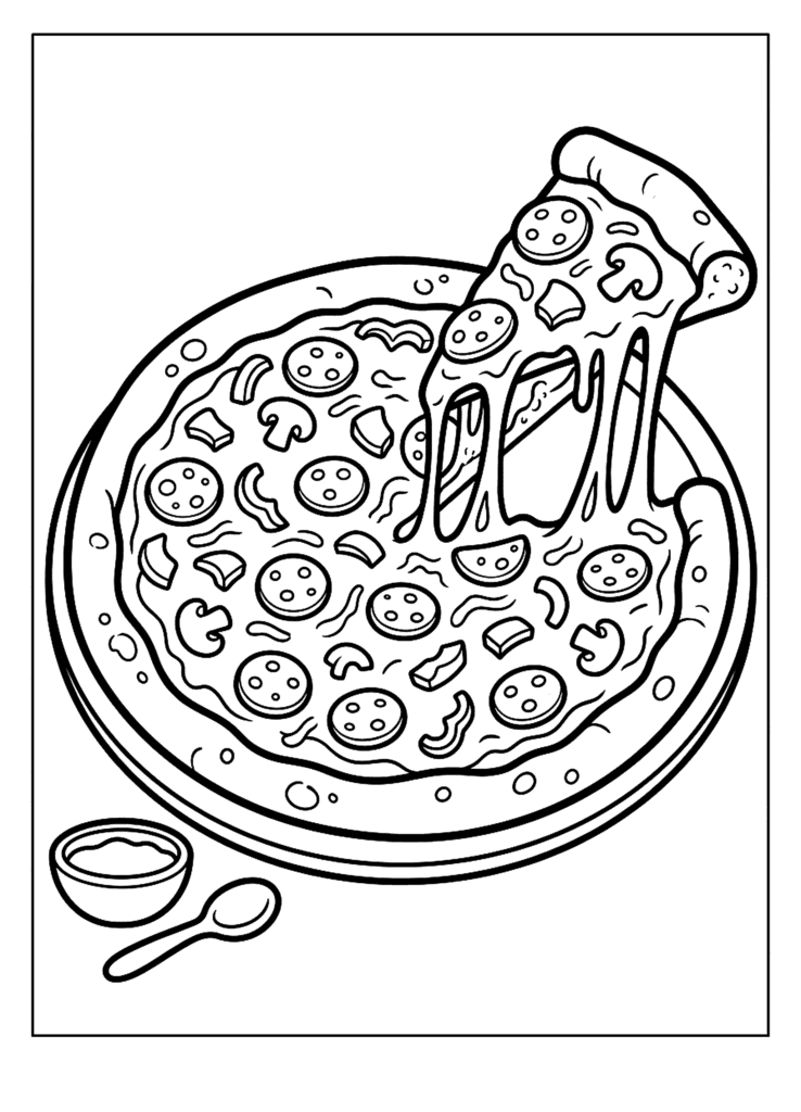 Pizza coloring page for kids: a whole pizza with a cheesy slice pulled out