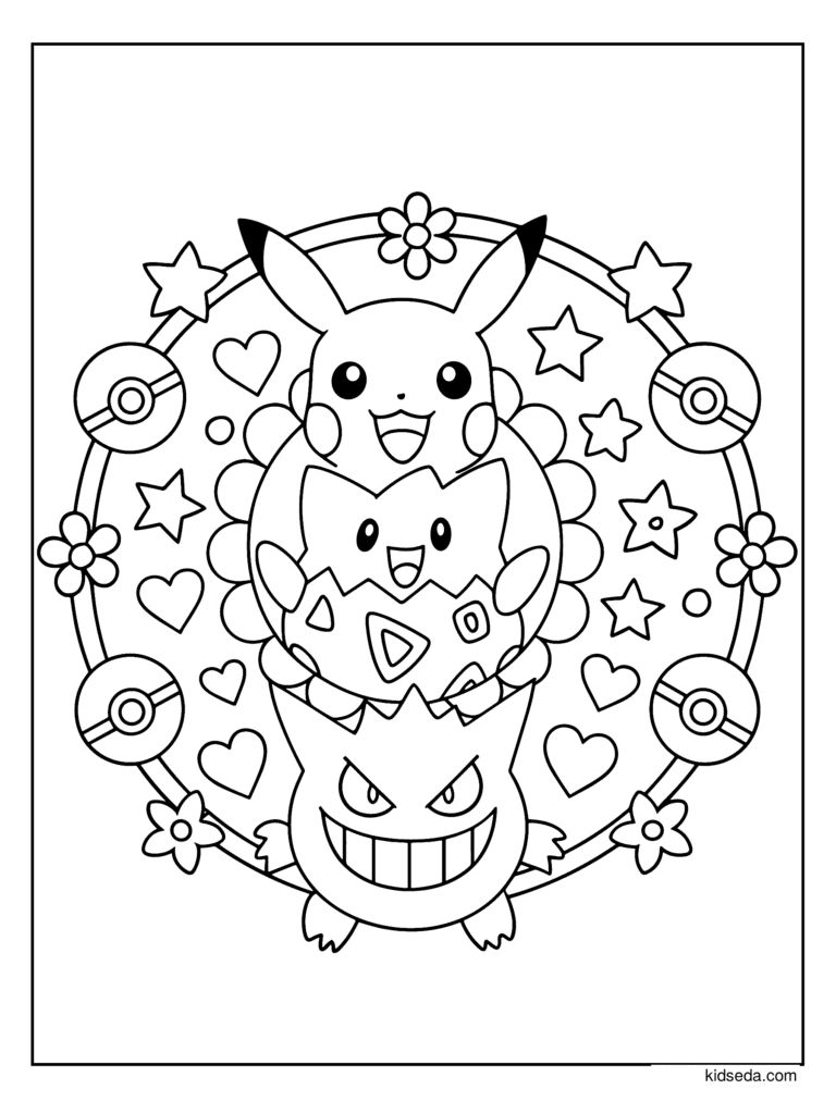Pokémon Flower Mandala coloring page for kids: Gengar, Togepi and Pikachu in a mandala with hearts, stars and flowers