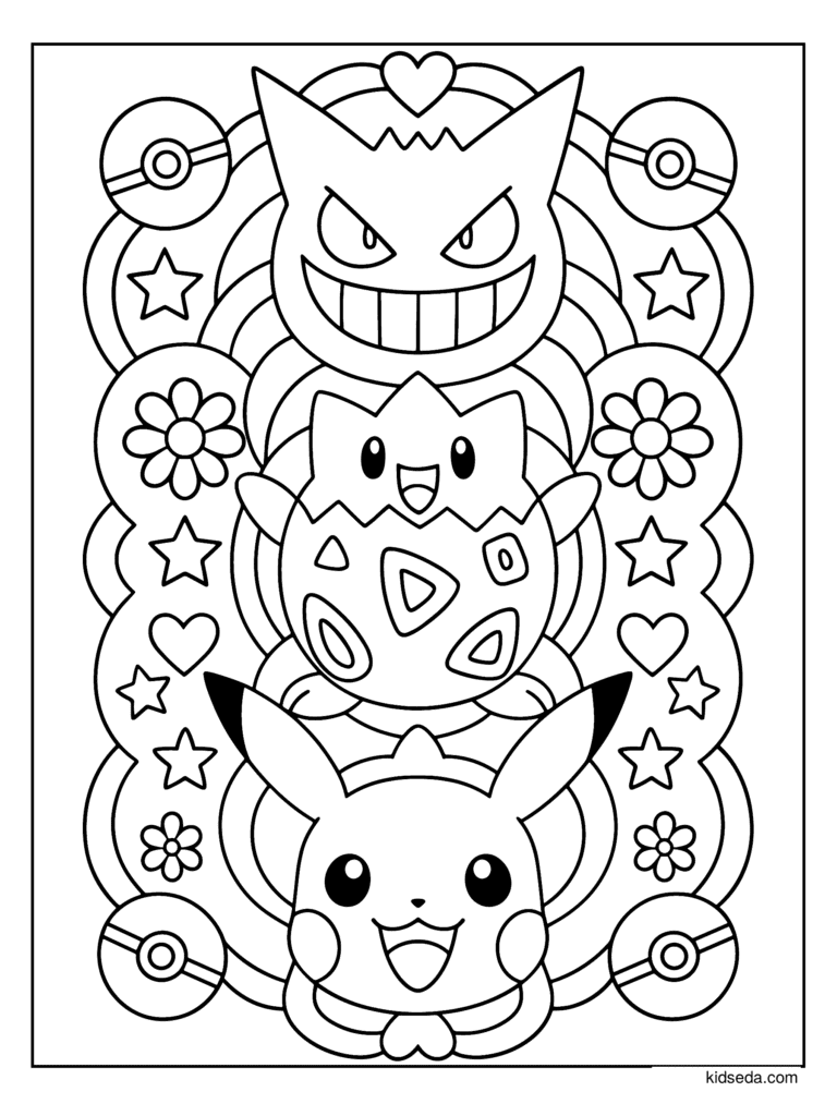 Pokémon Mandala Tower coloring page for kids: Gengar, Togepi and Pikachu in a tall mandala design