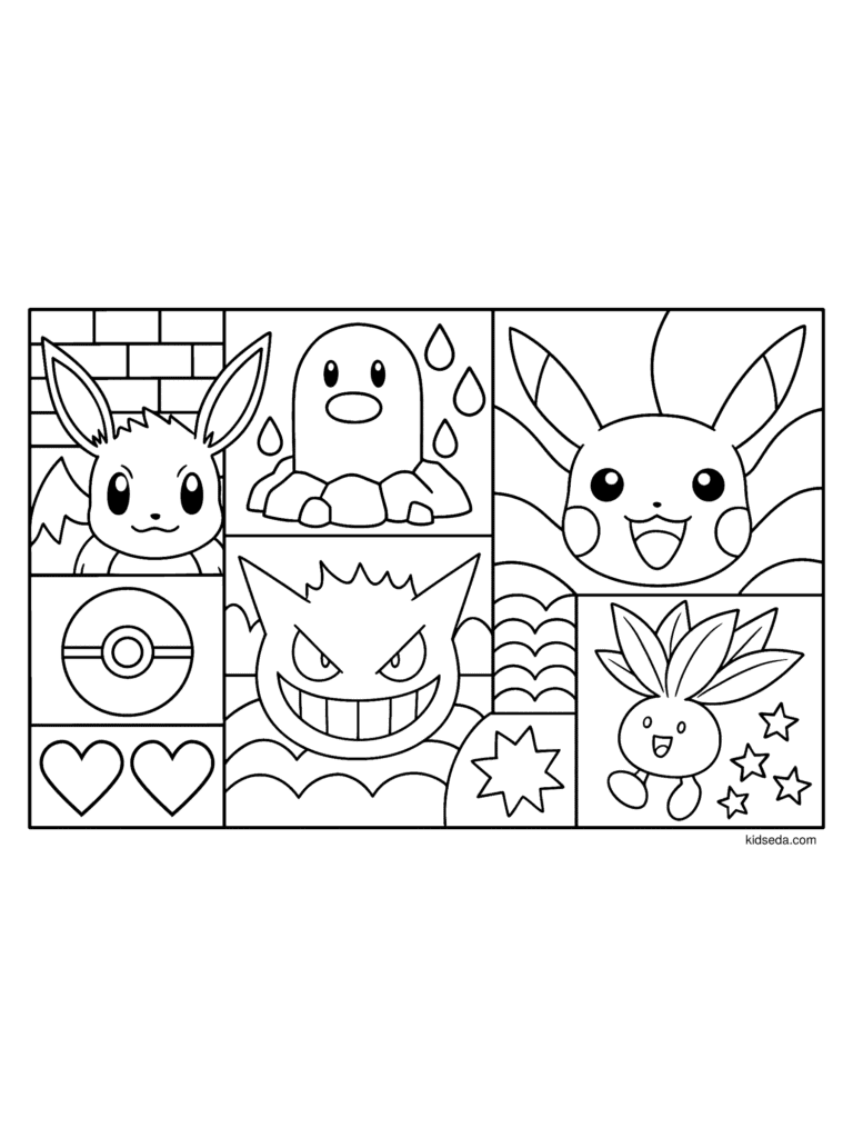 Pokémon Pattern Squares coloring page for kids: Pikachu, Eevee, Gengar, Oddish and Diglett in patterned squares