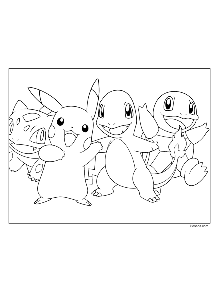 Pokémon Starters Together coloring page for kids: Bulbasaur, Pikachu, Charmander and Squirtle together