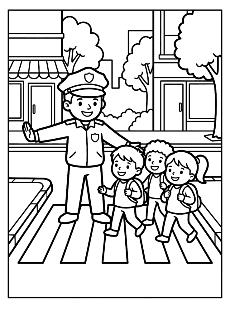 Police Officer coloring page for kids: a police officer helping children cross the street