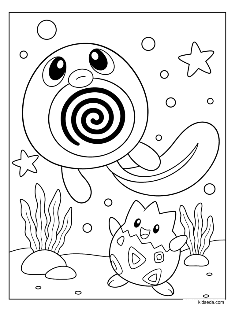 Poliwhirl and Togepi Under the Sea coloring page for kids: Poliwhirl and Togepi in an underwater scene
