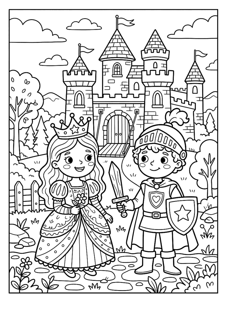 Princess and Knight coloring page for kids: a princess and a brave knight in front of a castle