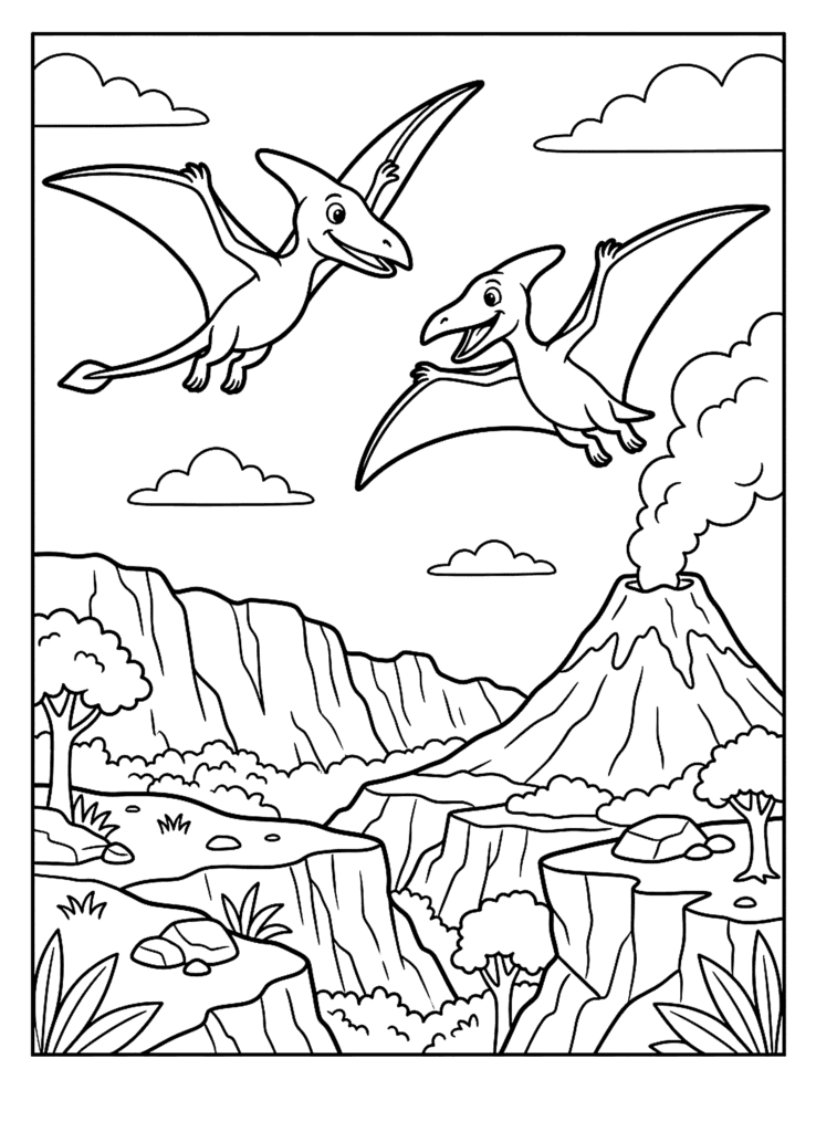 Pterosaurs Over the Volcano coloring page for kids: two pterosaurs flying over a smoking volcano