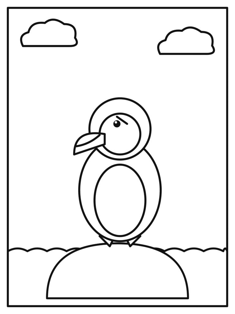 Puffin coloring page for kids: a puffin with a colorful beak on a rocky cliff