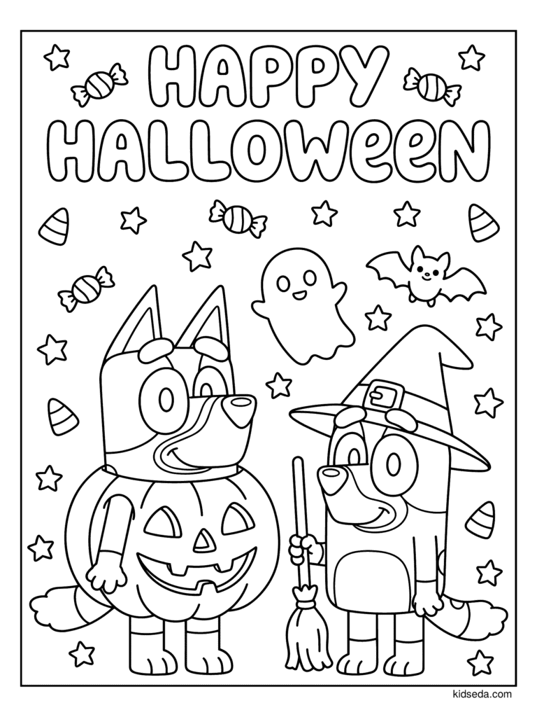 Pumpkin Bluey and Witch Bingo coloring page for kids: Bluey in a pumpkin costume next to Bingo the witch with a broom and candy corn