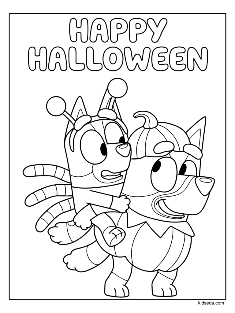 Pumpkin Bluey Giving Bingo a Piggyback coloring page for kids: Bluey dressed as a pumpkin giving Bingo a piggyback ride in a spider costume under a Happy Halloween sign