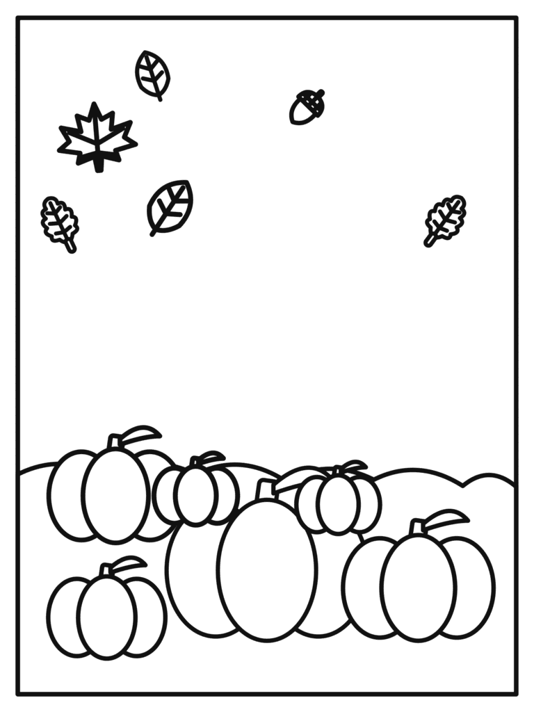 Pumpkin Patch coloring page for kids: a pumpkin patch full of pumpkins and a hay bale