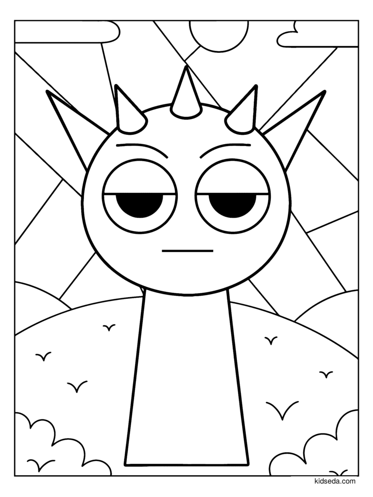 Raddy in the Hills coloring page for kids: Raddy standing in the hills with the sun shining