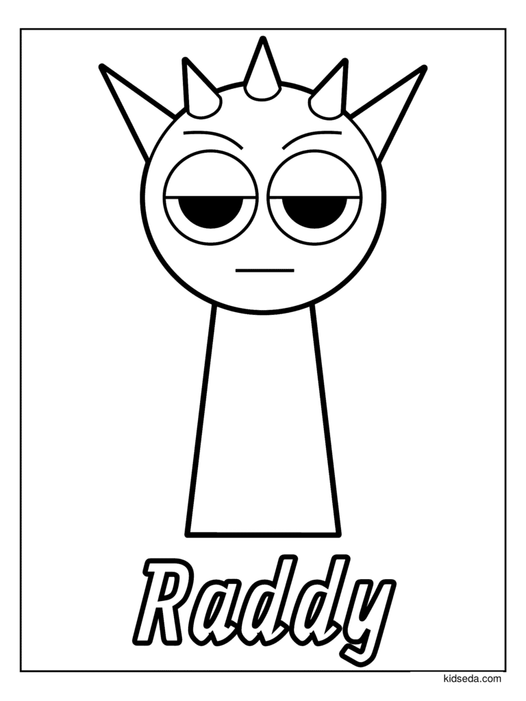 Raddy the Sprunki coloring page for kids: Raddy with spiky hair and sleepy eyes