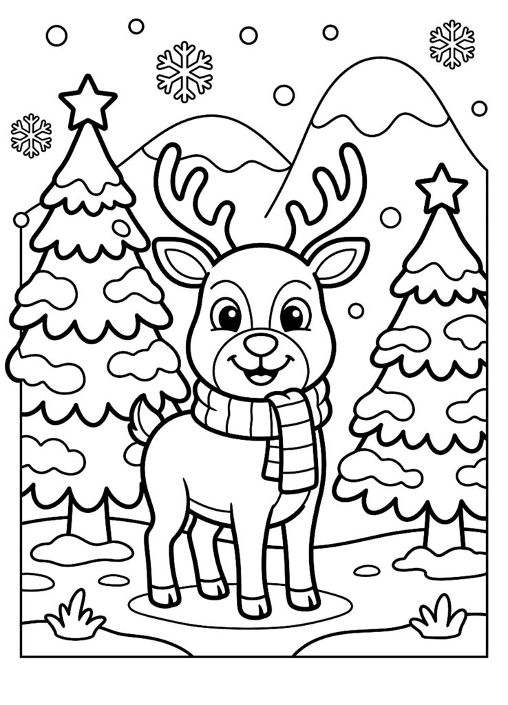 Reindeer in the Snow coloring page for kids: a cute reindeer wearing a scarf among snowy pine trees
