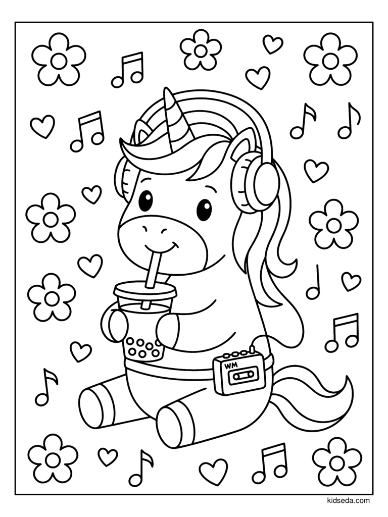 Retro Unicorn with Bubble Tea coloring page for kids: a unicorn in headphones sipping bubble tea