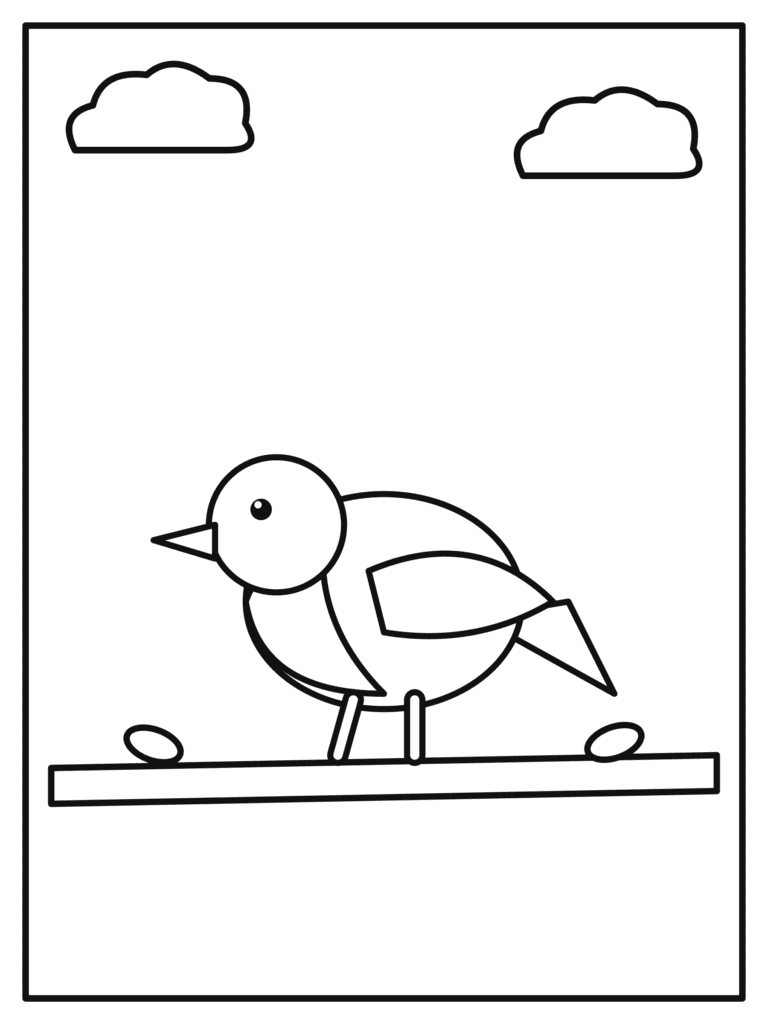 Robin coloring page for kids: a round little robin with a red chest on a branch