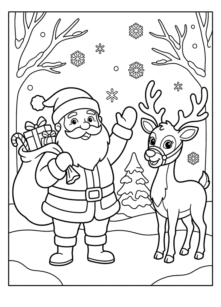 Santa Claus with Reindeer coloring page for kids: Santa Claus with his sack of toys and a friendly reindeer in the snow