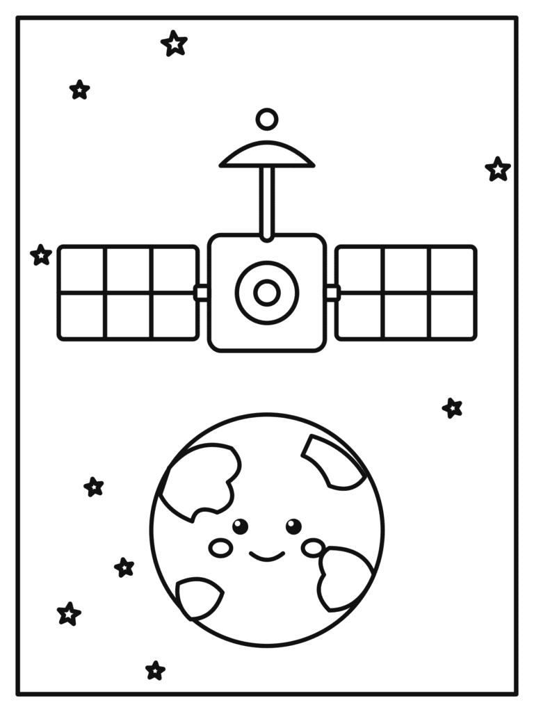 Satellite in Space coloring page for kids: a satellite with solar panels orbiting the Earth