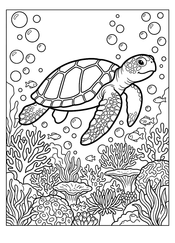 Sea Turtle coloring page for kids: a sea turtle swimming over coral and seaweed