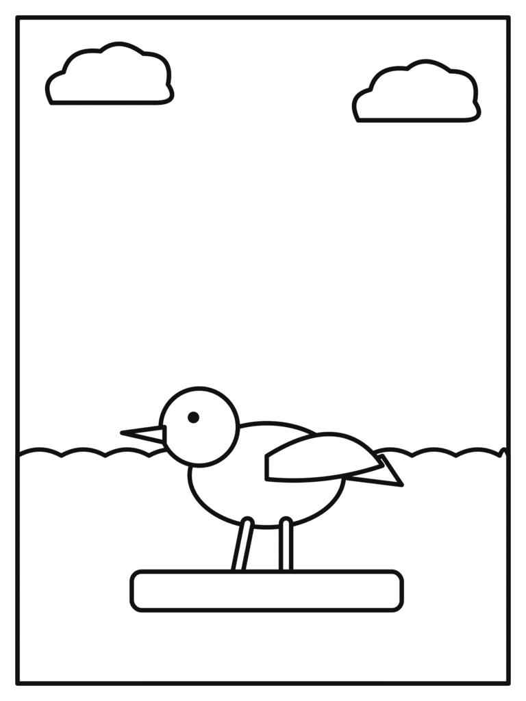 Seagull coloring page for kids: a seagull standing on a wooden post by the sea