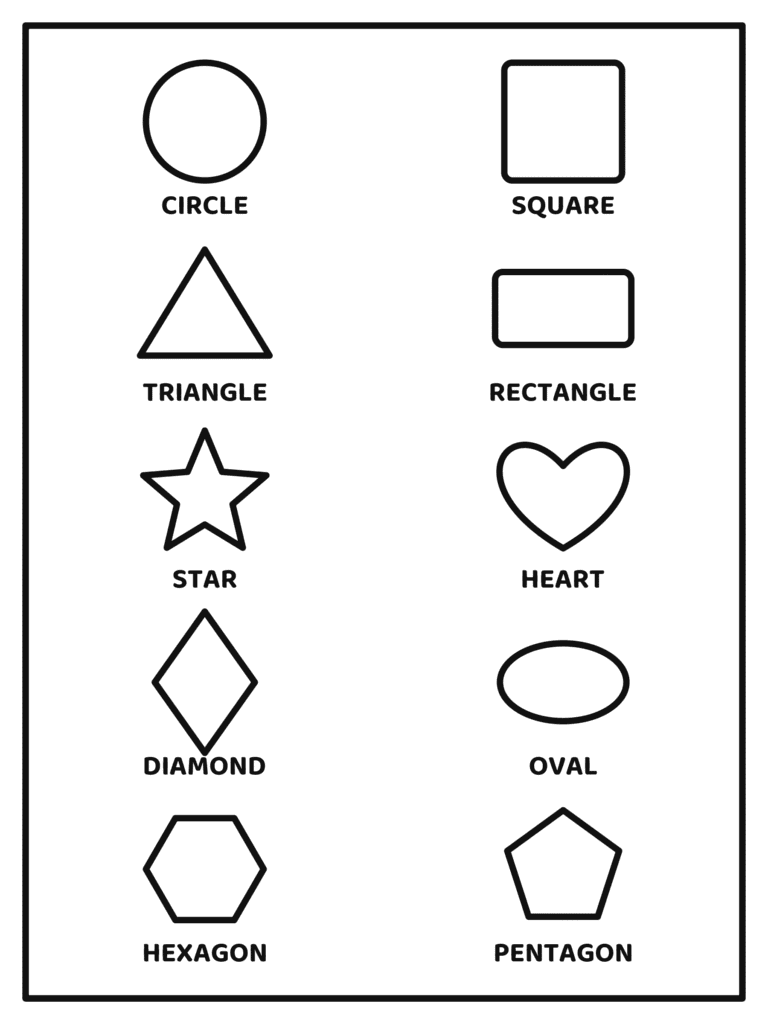 Shapes Chart coloring page for kids: ten basic shapes with their names: circle, square, triangle, star and more