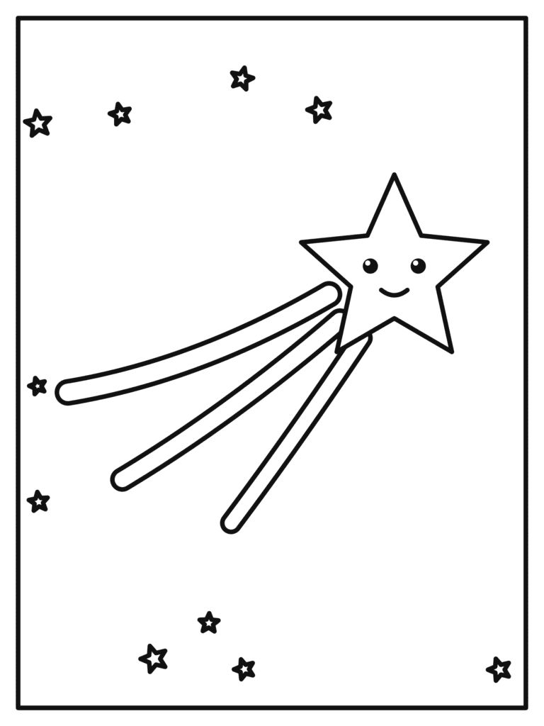 Shooting Star coloring page for kids: a smiling shooting star zooming across the night sky