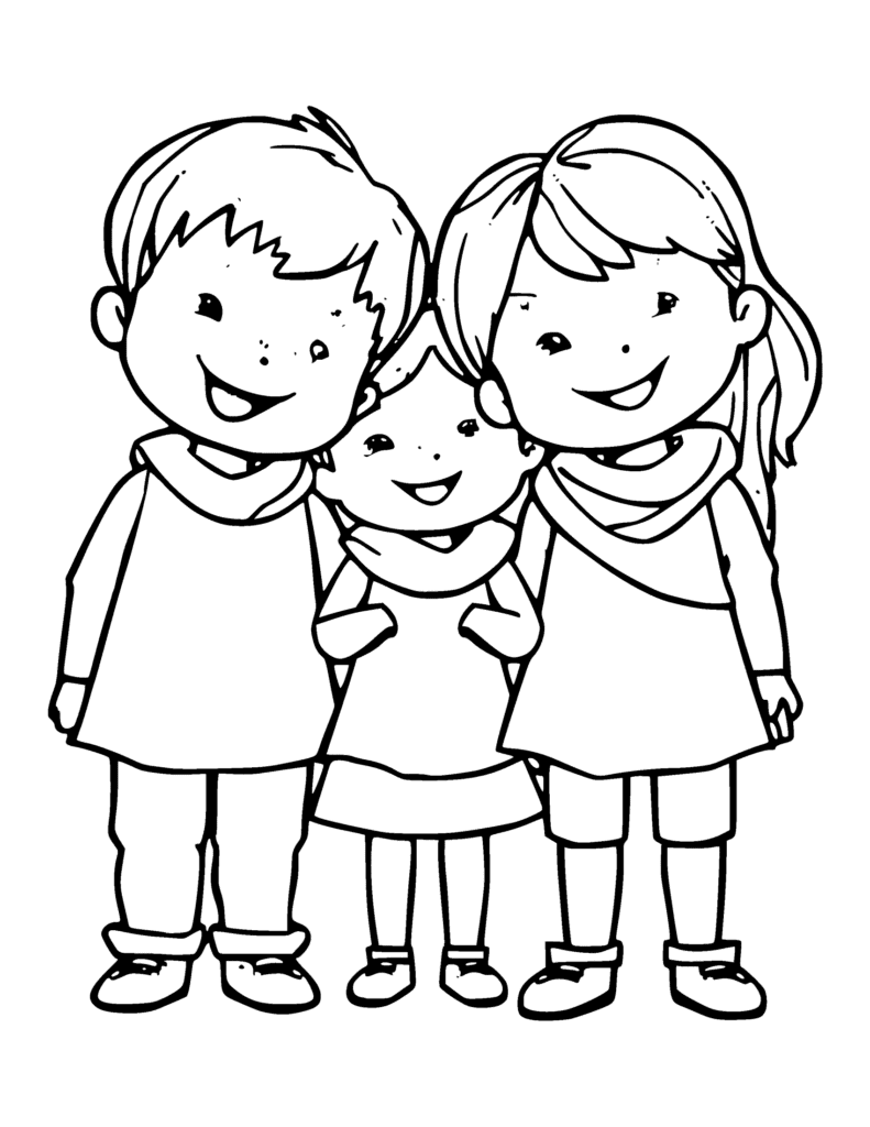Siblings coloring page for kids: a brother and sister hugging their little sibling
