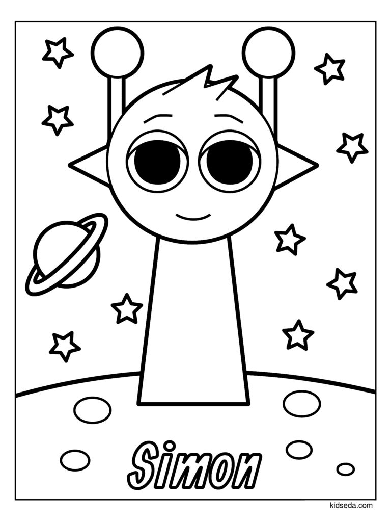 Simon on the Moon coloring page for kids: Simon standing on the moon with stars and a planet