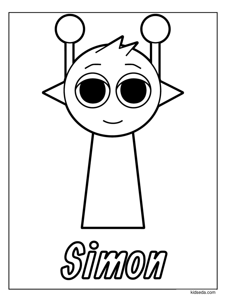 Simon the Sprunki coloring page for kids: Simon with round eyes, pointy ears and two antennae
